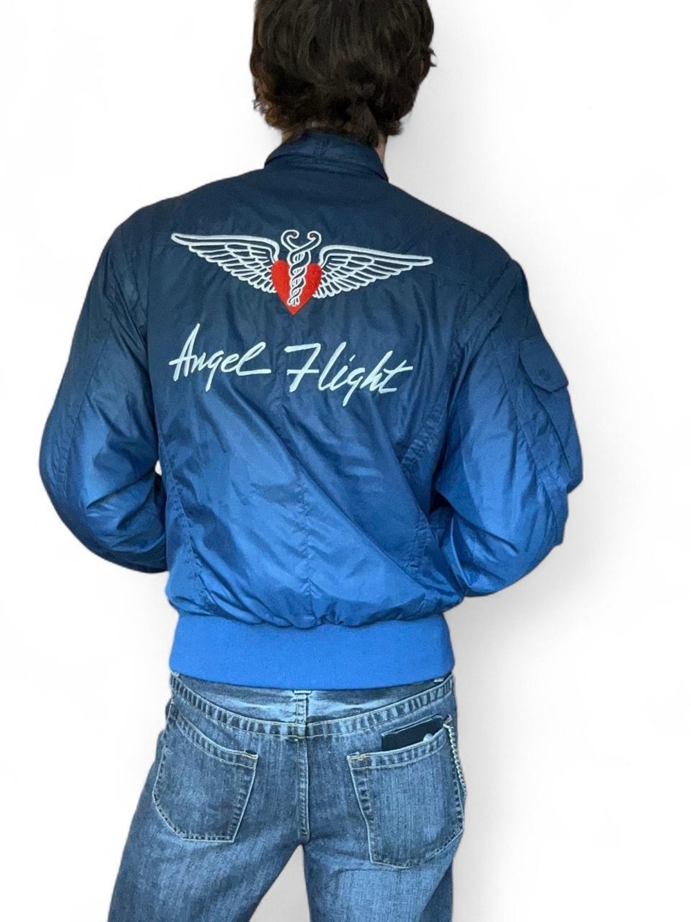 80's Angel Flight Embroidered Navy Bomber Jacket for Men